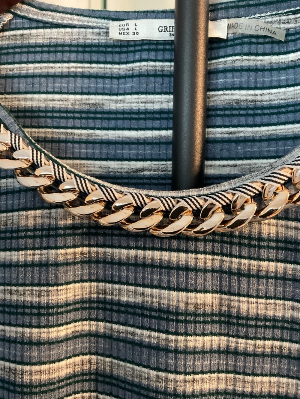 Striped Long-Sleeve Navy and White Shift Dress with Chain Detail US Large - Picture 5 of 8